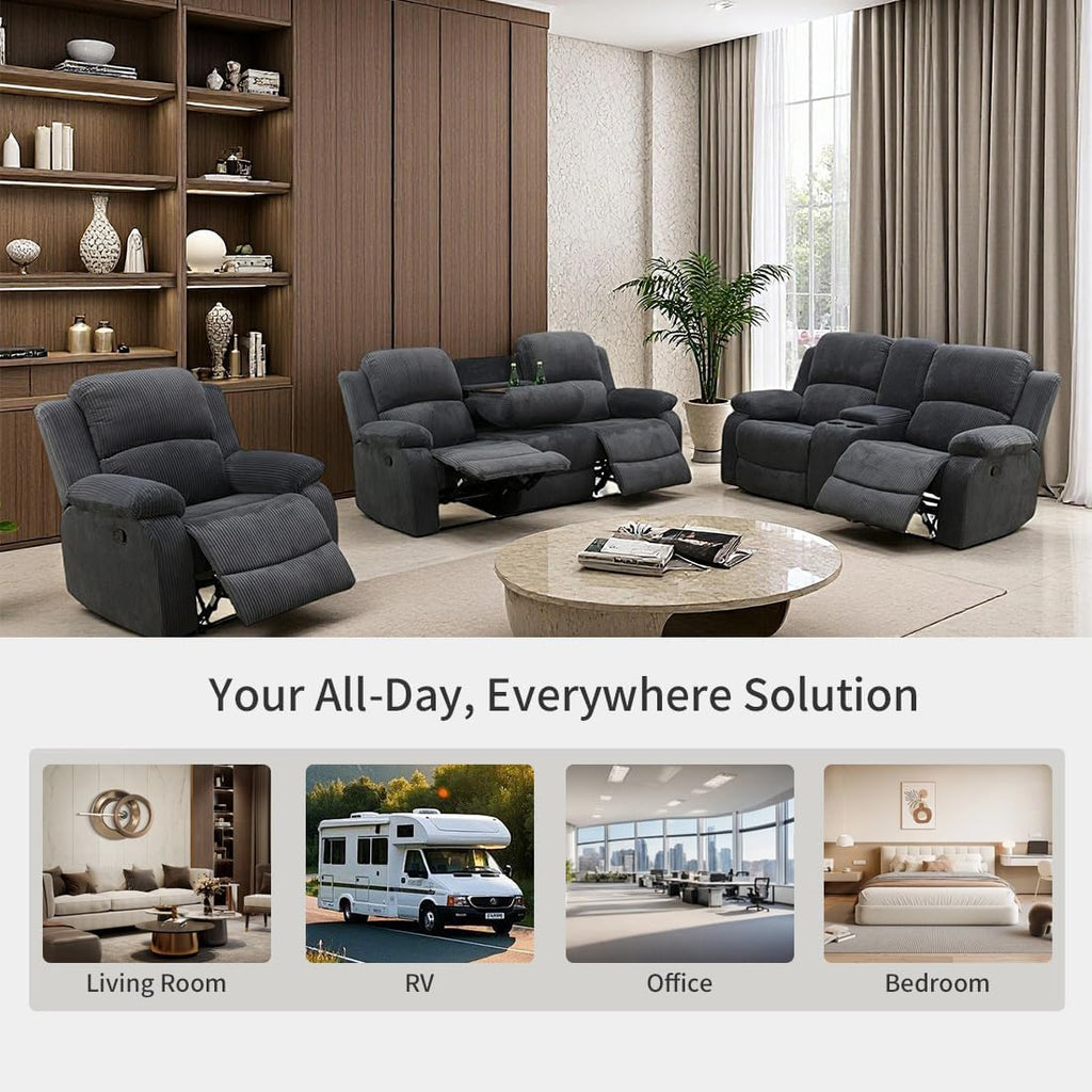 Living Room Furniture Set, Manual Reclining Sofa Set, Dark Grey Corduroy Recliner Couch Sets with Drop-Down Table, Recliner Sofa with Storage Console/Cup Holder for Living Room/Apartment