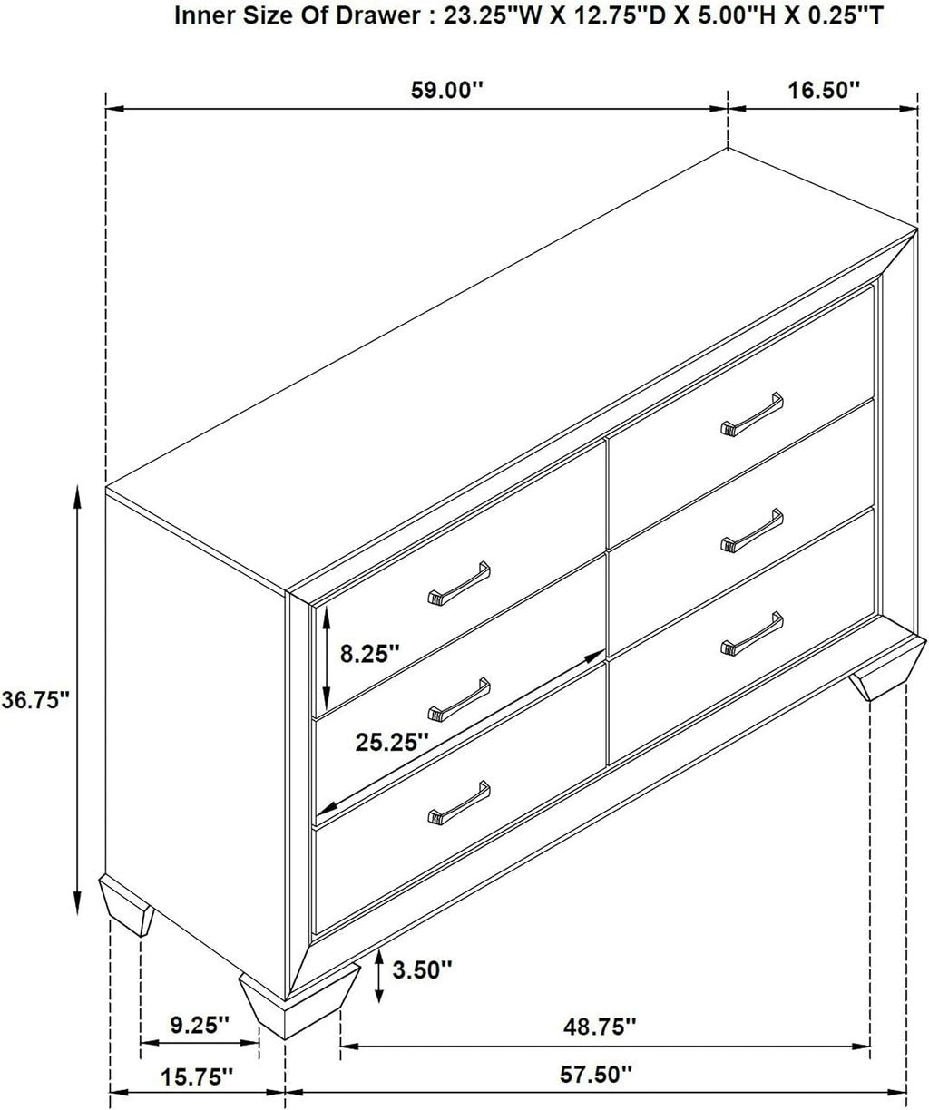 Coaster Home Furnishings - Kauffman - Engineered Wood - 6-Drawer Dresser with Transitional Style, Chrome Bar Pulls, Rectangular Structure, Wood Grain Details - Bedroom - Washed Taupe - 204193