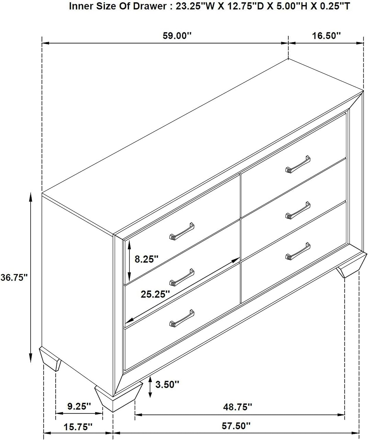 Coaster Home Furnishings - Kauffman - Engineered Wood - 6-Drawer Dresser with Transitional Style, Chrome Bar Pulls, Rectangular Structure, Wood Grain Details - Bedroom - Washed Taupe - 204193