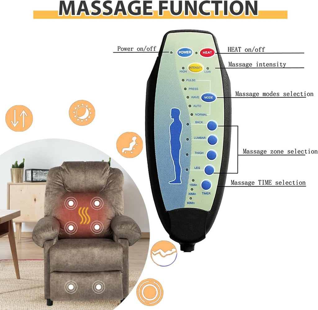 Massage Recliner Chair with Heat,Overstuffed Fabric Recliner Chairs with Heating,Small Recliner for Living Room Bedroom, Manual Reclining Single Sofa Recliners Lounge Chair for Adult,Brown