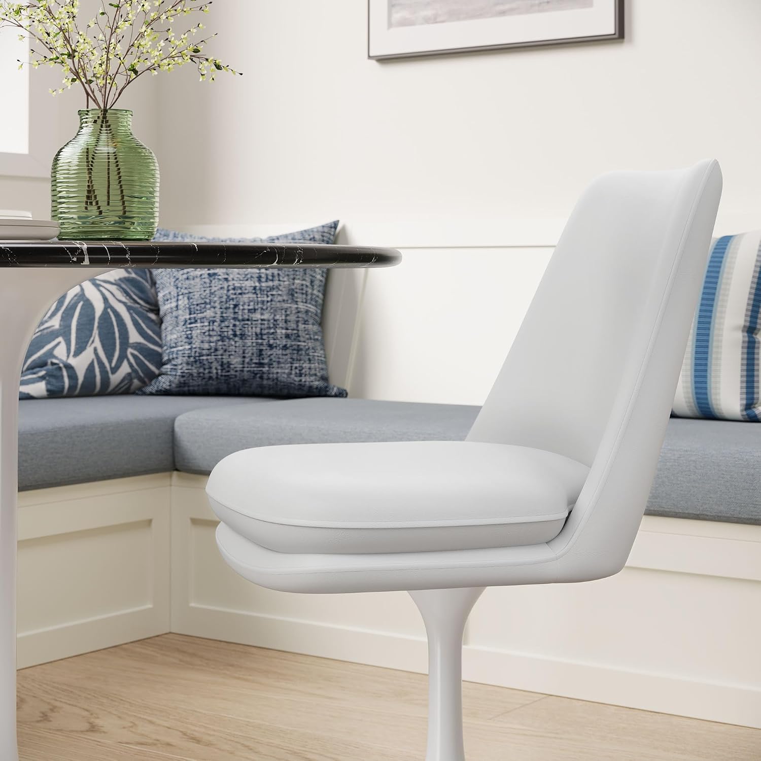Modway Lippa Faux Leather Swivel Dining Side Chair in White White - Armless Vegan Leather Accent Chair with Pedestal Base - 360° Rotating Office Chair with No Wheels