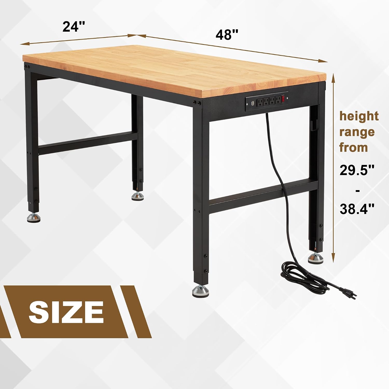 HABUTWAY Height Adjustable Workbench 48'x 24' 2000 Lbs Capacity Solid Wood Work Station Heavy-Duty Work Tables with Power Outlets for Garage Party Shop Office