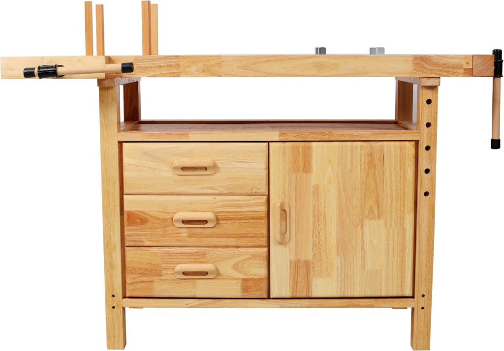 Montary 50' Professional Rubberwood Heavy Duty Workbench with 3 Drawers, 1 Cabinet Door & Open Shelf Integrated Vises, Wood Work Bench for Garage, Woodworking Carpenter Workshop & Home Use