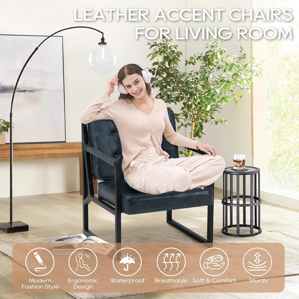 MALOL Accent Chairs Set of 2, Modern Accent Arm Chairs for Living Room, Comfy Leather Armchairs with Metal Legs for Bedroom Reception Room, Blue