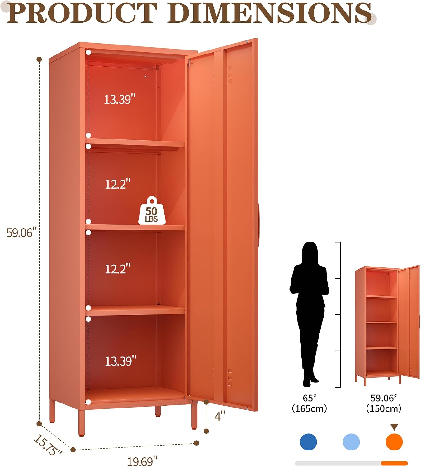 Metal Locker Storage Cabinets 59.06'H Orange Locking File Cabinets Kitchen Food Pantry Cabinet with 2 Doors and Shelves for Dining Room, Living Room,Bathroom Office,Home,Garage, Gym, School