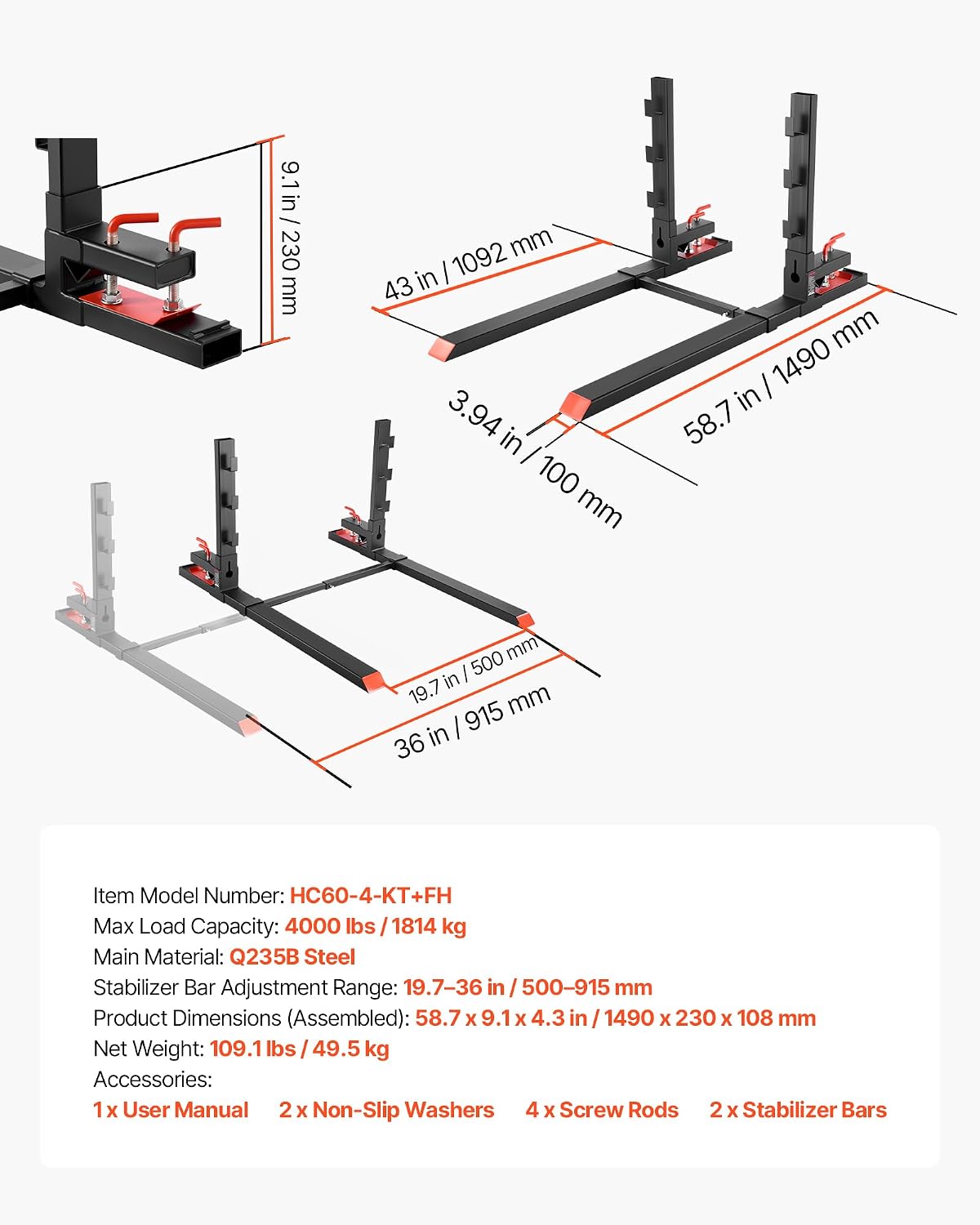 VEVOR Pallet Forks, 4000 lbs Clamp on Pallet Forks, 60-Inch Total Length Heavy-Duty Tractor Fork with Anti-Tilt Bar & Adjustable Stabilizer Bar, Fit for Loader Bucket Skid Steer Tractor, Black
