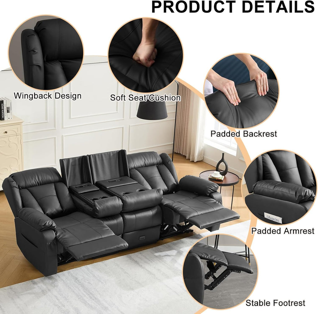 Loveseat Recliner Sofa,3 Seater RV Recliner Couch, Manual Reclining Loveseat with Console for Living Room, Home Theater Seating with AC/USB C/USB and Drawer (Black, 3 Seater + Console)
