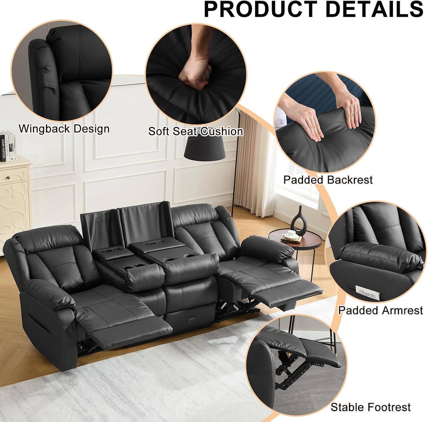 Loveseat Recliner Sofa,3 Seater RV Recliner Couch, Manual Reclining Loveseat with Console for Living Room, Home Theater Seating with AC/USB C/USB and Drawer (Black, 3 Seater + Console)