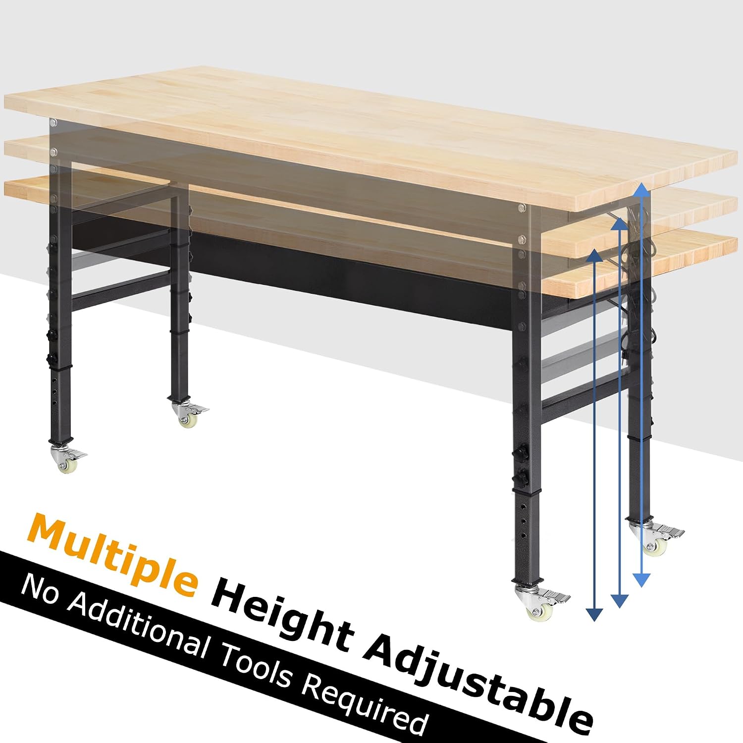 60' Adjustable Work Bench, Rubber Wood Top Workbench Heavy-Duty Work Table with Power Outlet and Wheels, 2000 LBS Load Capacity Hardwood Work Benches for Garage, Workshop, Home, Office, Easy Assembly