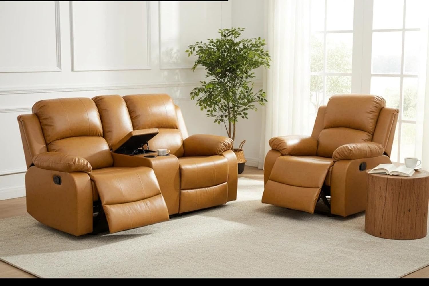 Manual Leather Recliner Sofa Set, Adjustable Backrest Reclining Loveseat Sofa & Recliner Chair with Storage Console & Cup Holders, for House, Home Theater, Ginger