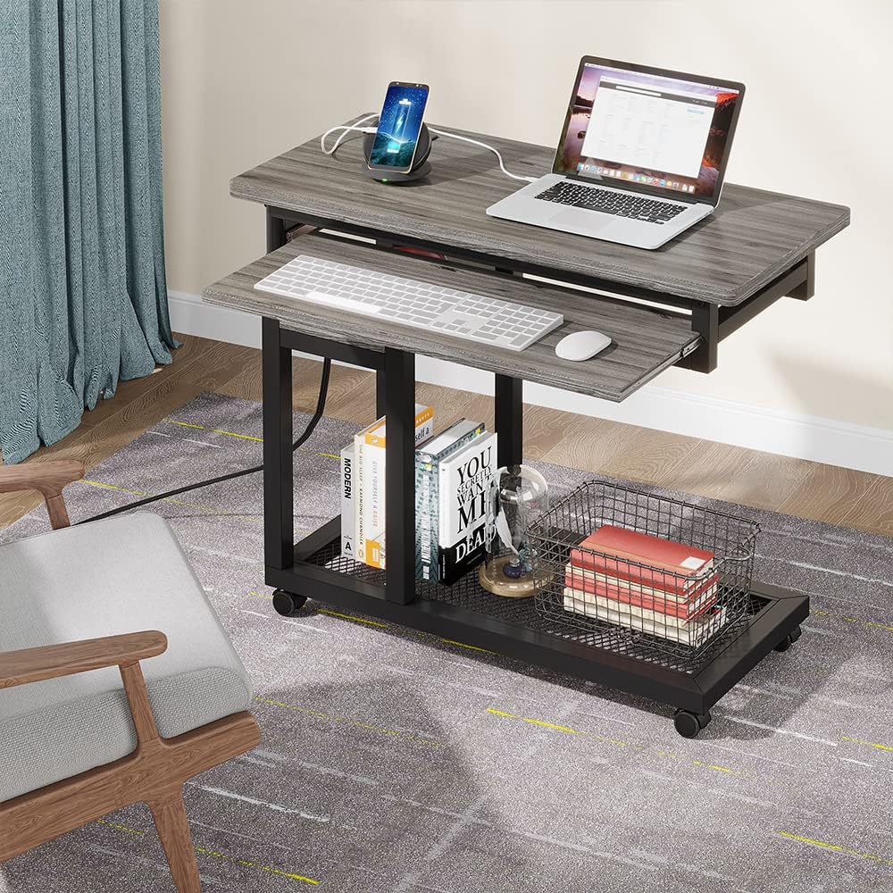LITTLE TREE Small Computer Desk with Power Outlet, Heigh Adjustable Laptop Desk, Portable Desk for Home Office, Sofa Couch Bedside Laptop Table with Wheels, Perfect Petite Bureau de Travail