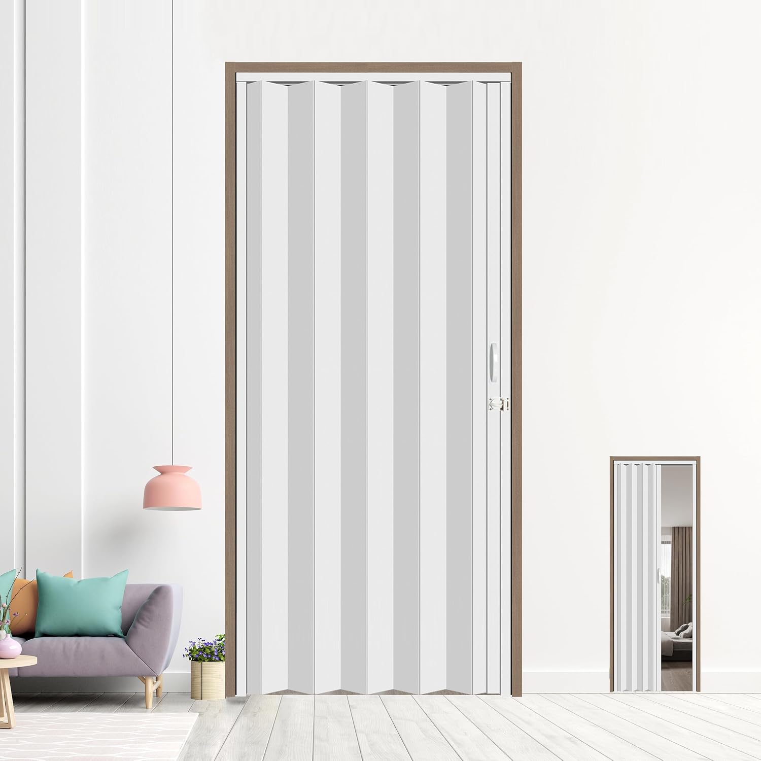 36X79in Interior Folding Accordion Doors for Living Spaces,White PVC,Handle Latch Includes,White