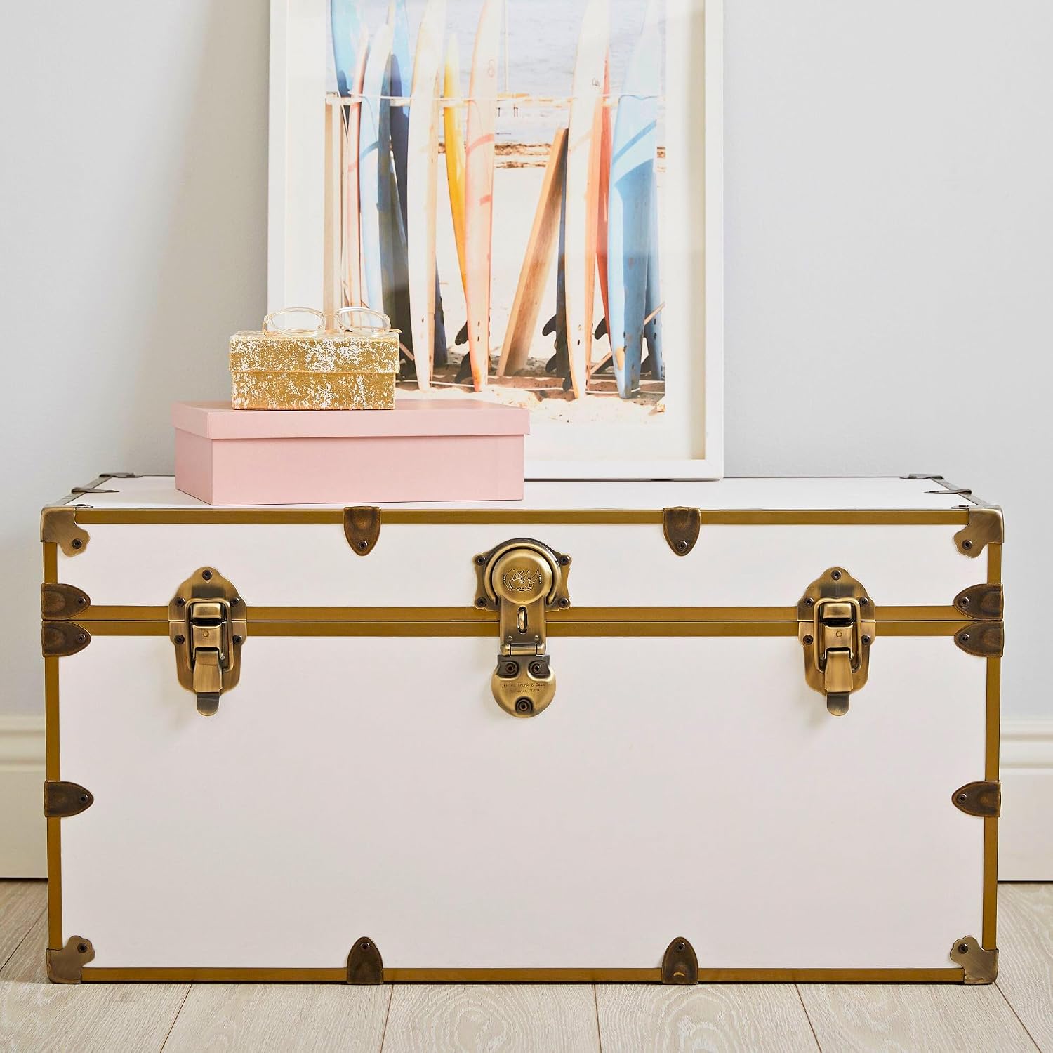 Rhino Trunk & Case Classic XXL College Trunk with Wheels, Antique Brass Hardware, Soft Close - 36'x18'x18', Seats 1500+ lbs, USA Made Secure Dorm Footlocker, Home Storage, Steamer Style Blanket Chest