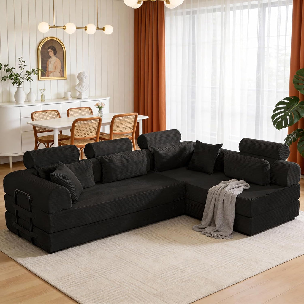 KEIKI 6-in-1 Folding Convertible High Back Sofa Sleeper, 106' Oversized Modular Sectional Corduroy Upholstered L Shape Couch for Living Room, Chaise Lounge Indoor for Modern Minimalist Family,Black