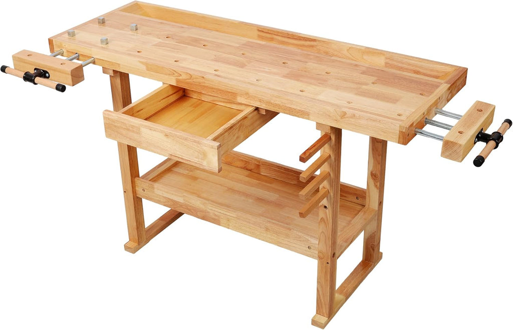 Montary 55' Wood Workbench, Heavy Duty Woodworking Bench with Adjustable Handle, 300Lbs Load Capacity Woodworking Table Work Bench with Drawer & Shelf for Garage, Workshop, Home Storage