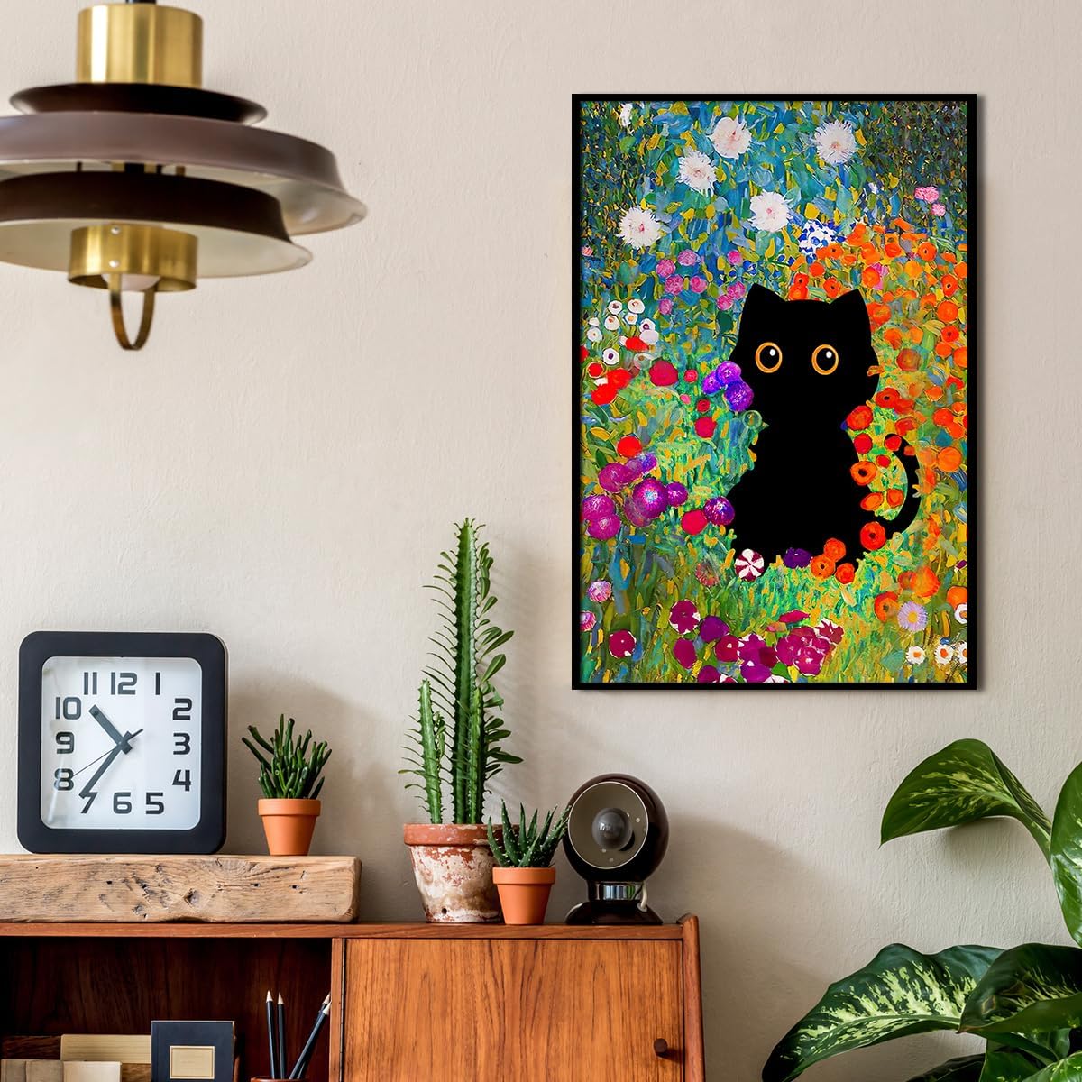 Vintage Black Cat Poster Impressionist Colorful Flower Garden Canvas Wall Art Famous Art Prints 24X36 inch Black Framed Funny Cat Pictures for Gallery Bedroom Wall Decor