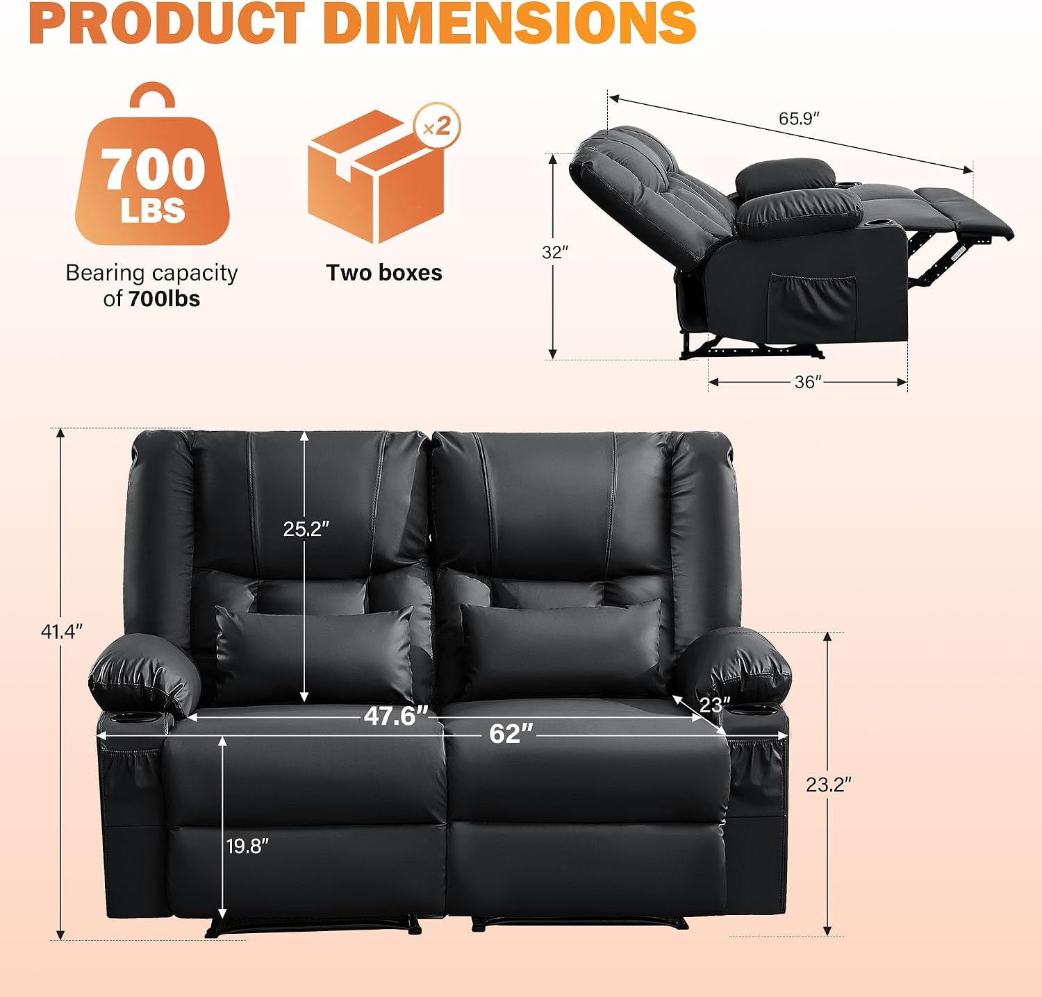 Black Leather Loveseat Recliner with Massage/Heat, Oversized Recliner Couch & Reclining Loveseat with Cup Holders/Pillow, Manual Reclining Sofa For Living Room/Rv/Home Theater Seating (Black)