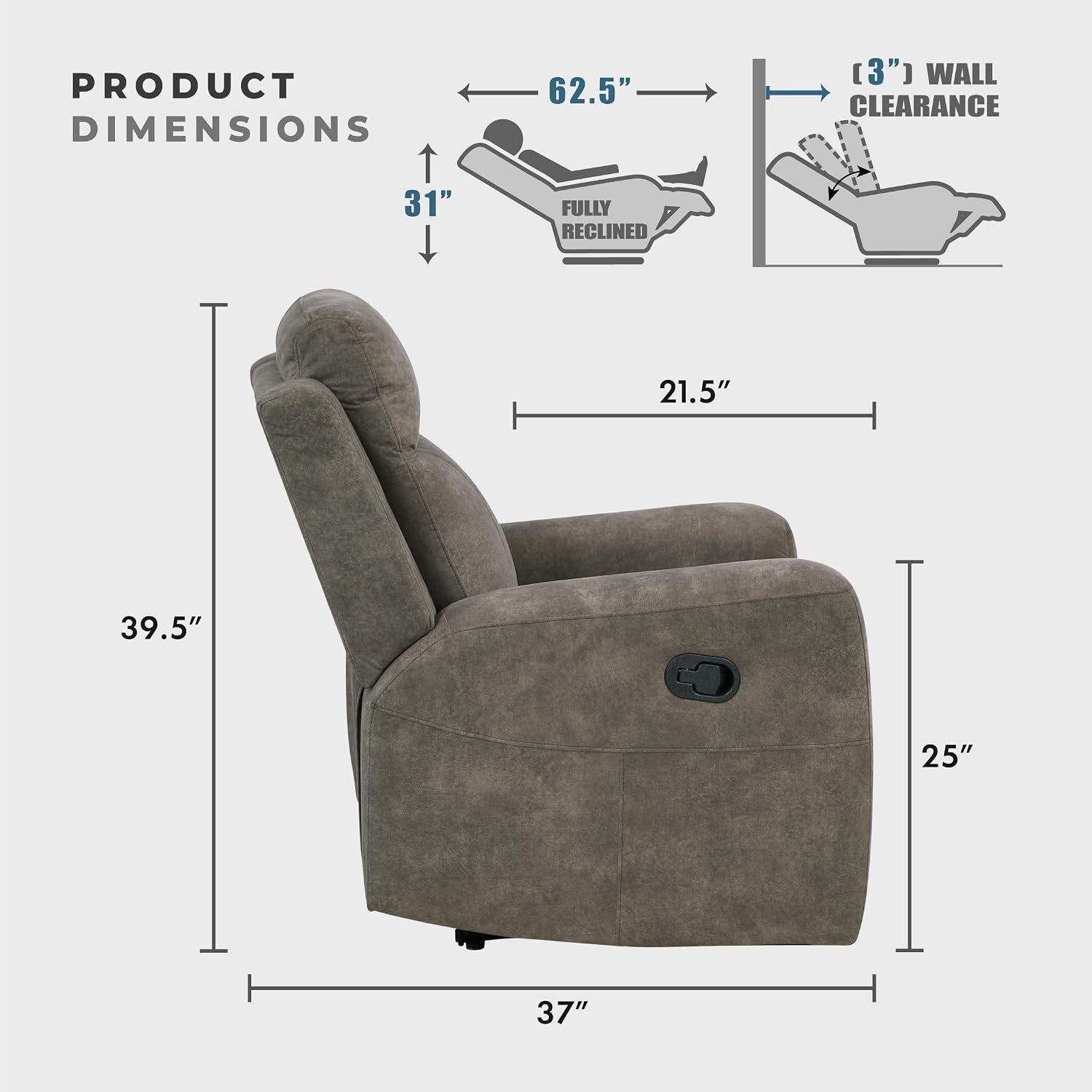 Lexicon Manual Double Reclining Sofa, Textured Microfiber Upholstered 3 Seater Manual Sofa Recliner for Living Room, Wall Hugger, Track Arm, Easy Assembly, Brown