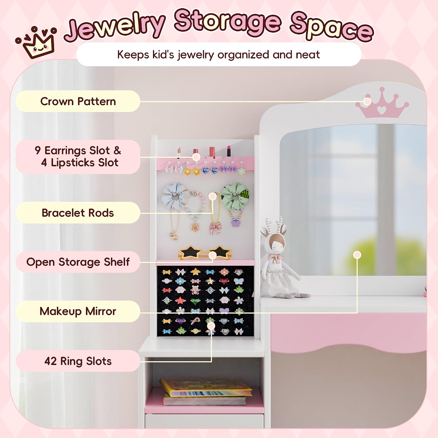 Kids Vanity, Girl Vanity Set with Storage Cabinet & Open Shelf, 2 in 1 Kids Vanity Table and Chair Set with Jewelry Storage, Princess Toddler Makeup Vanity with Mirror for Little Girls (White)