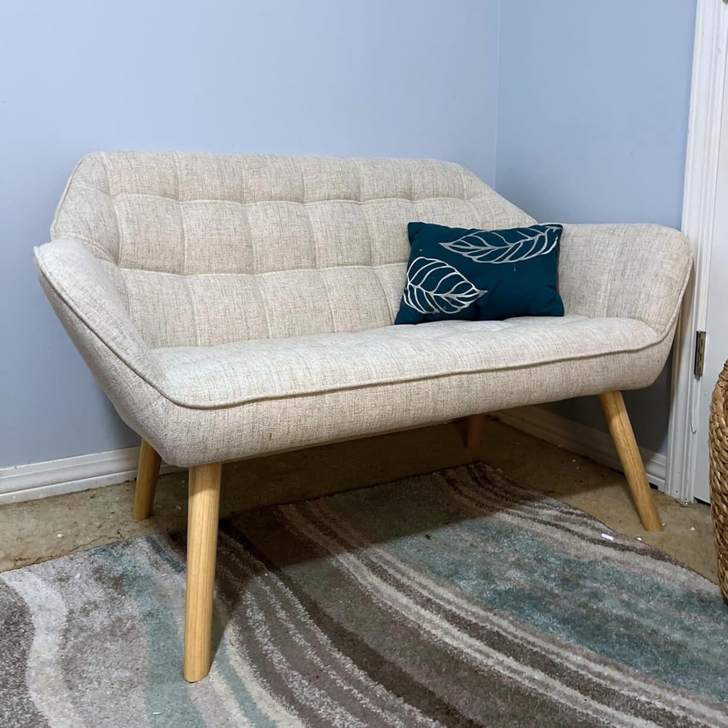 48'Small Loveseat Sofa, Modern Linen Upholstered Mini Couch 2-Seater Fluffy Love Seat with Quilting Backs and Wood Legs for Small Space Living Room, Bedroom, Beige