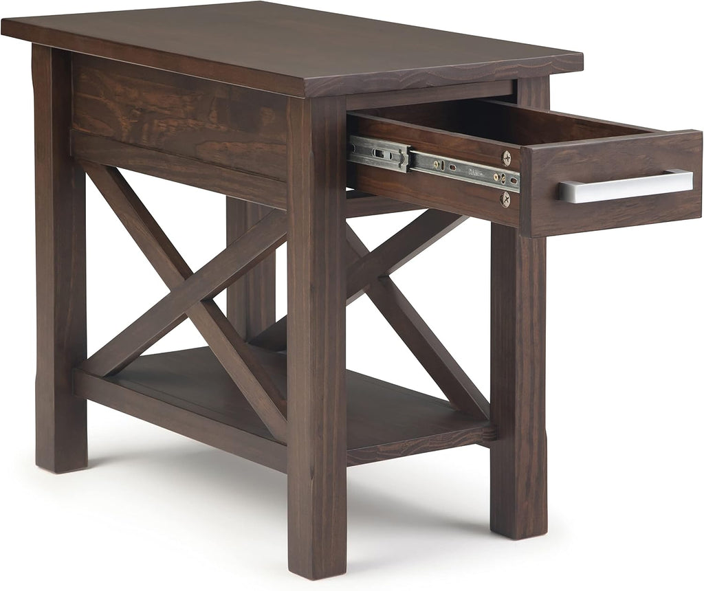 SIMPLIHOME Kitchener End Table - 14 inch Wide Solid Wood Narrow Accent Table with Drawer and Open Shelf in Warm Walnut Brown, Contemporary Nightstand with X-Design for Living Room or Bedroom