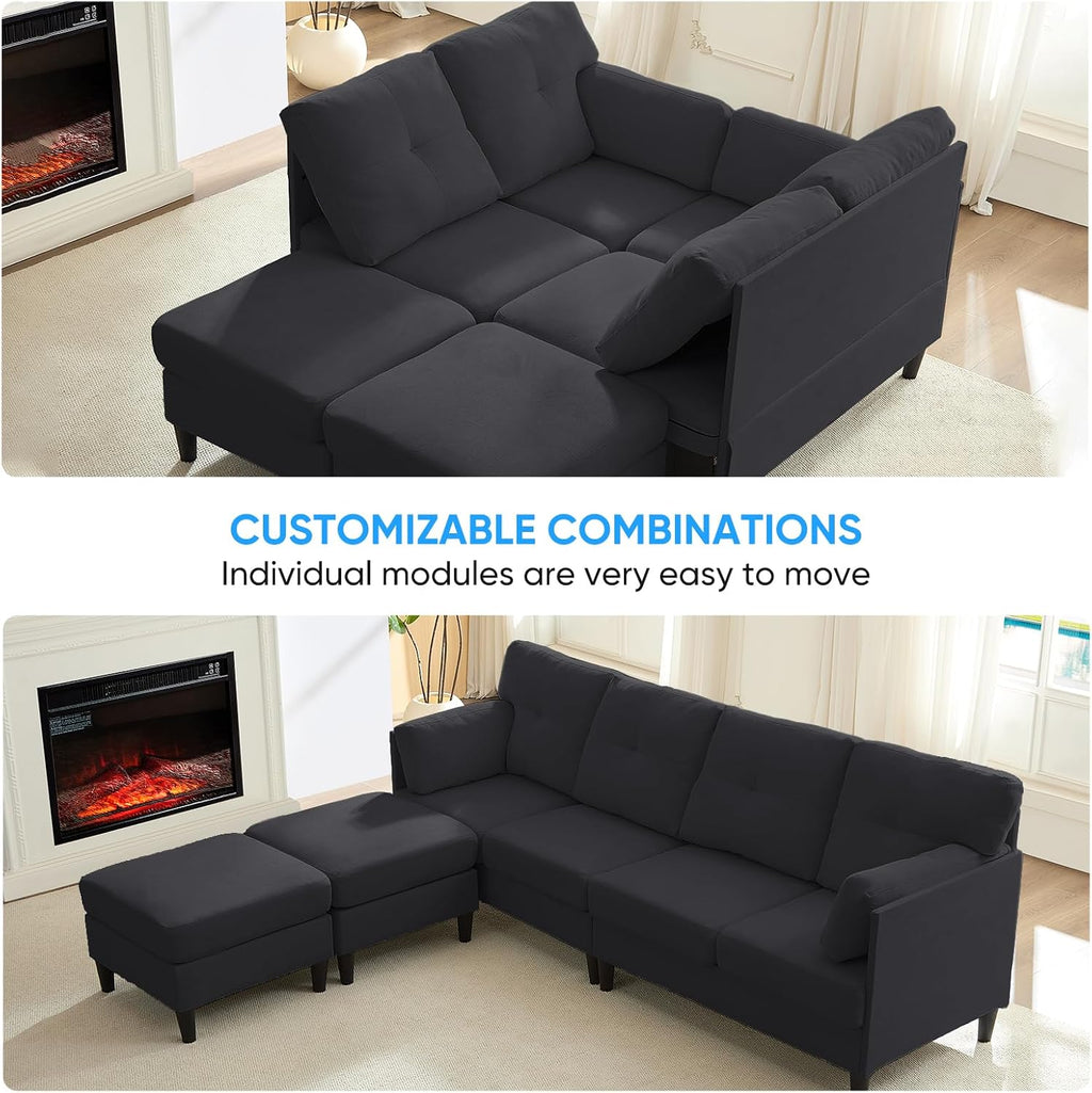 PUREMIND Sectional Couches for Living Room, Modern Snow Velvet U-Shaped Sofa Couch with Double Chaise, Upholstered 4 Seater Sofa with Double Chaise for Living Room, Apartment, Office, Dark Grey