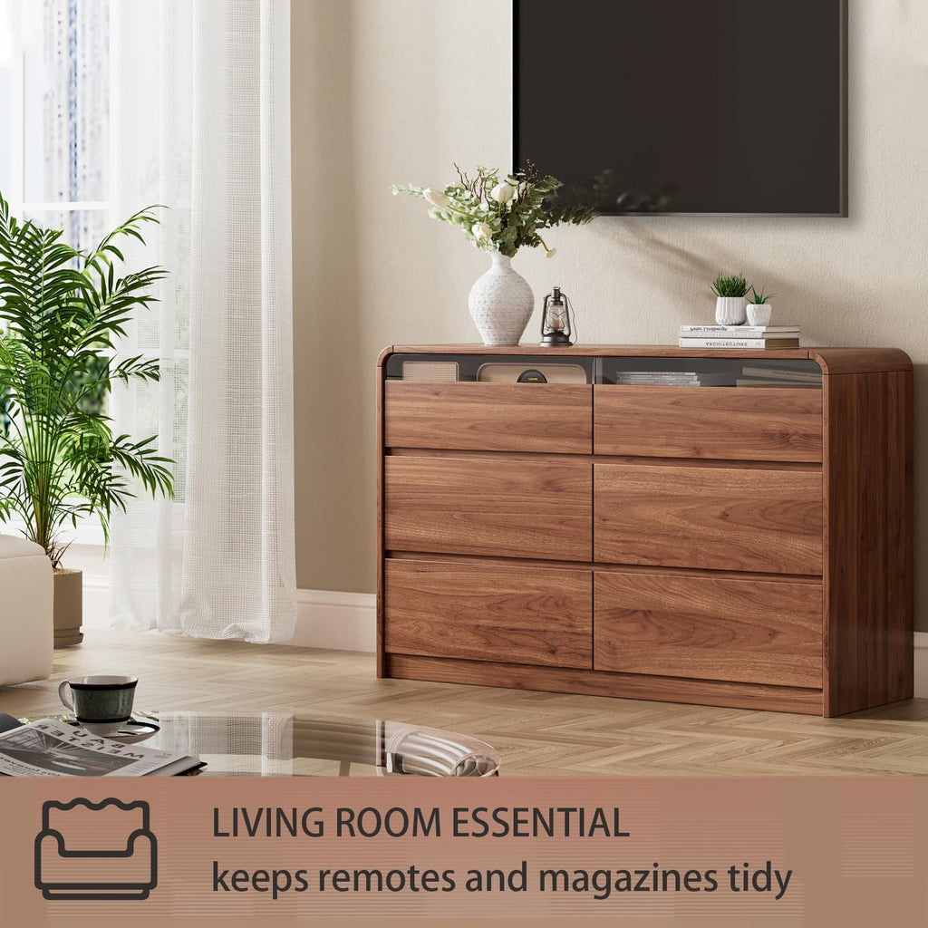 Ieejdn 47.2' Dresser with 6 Drawer, Wide Dresser with Recessed Glass Display & Silent Metal Rails, Handleless Chest of Drawers for Clothes, and Bedding, Walnut