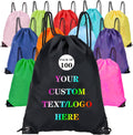 Custom Bags With Your Logo Set of 100 Custom Backpack Draw String Bags Pack Bulk for Travelling Swimming Gym Everyday Use (Black)
