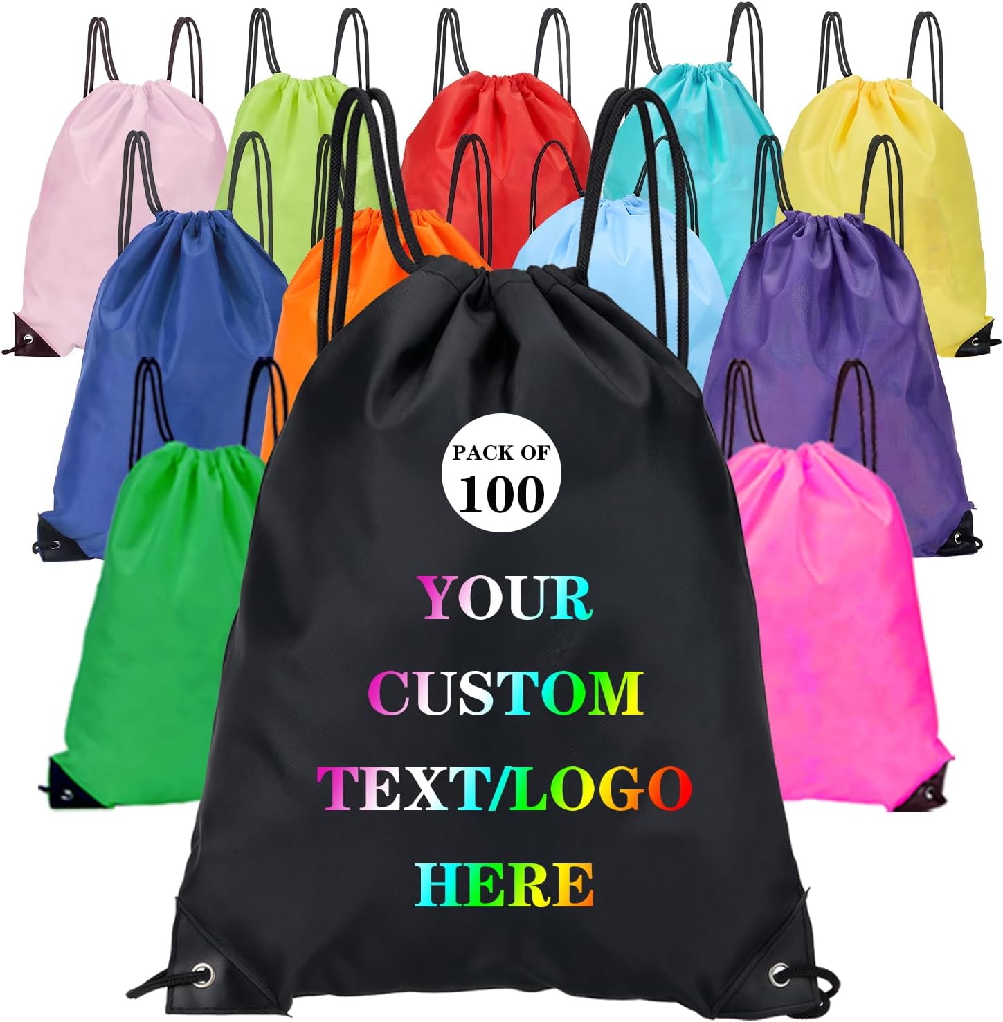 Custom Bags With Your Logo Set of 100 Custom Backpack Draw String Bags Pack Bulk for Travelling Swimming Gym Everyday Use (Black)