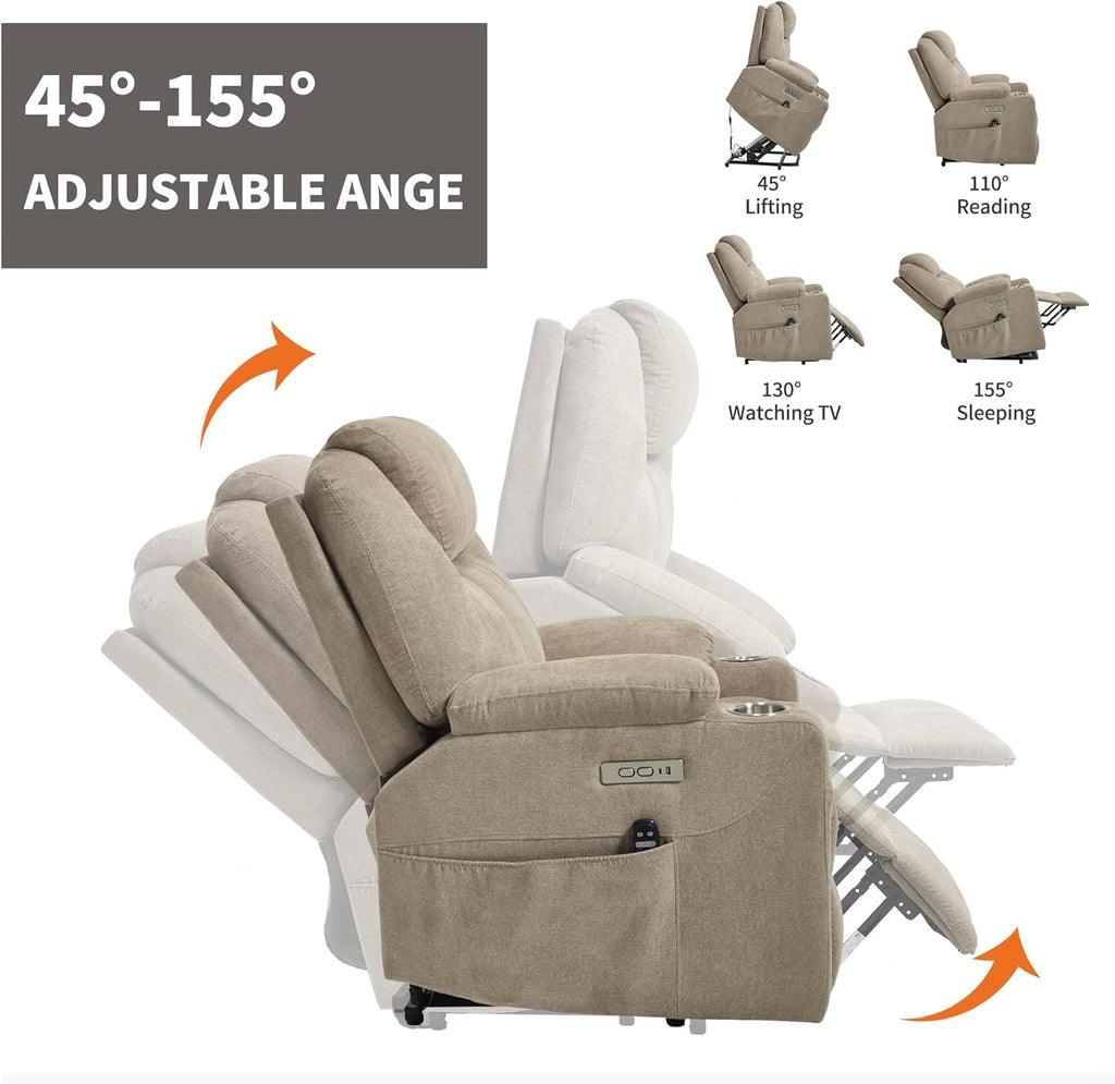 KEIKI Large Dual Motor Power Lift Recliner Chair for Adults, Polyester Rocking Chair with Back Massager and Heated, USB and Type-C Ports, Cup Holders, Comfy Reading Sofa Chair for Living Room, Khaki