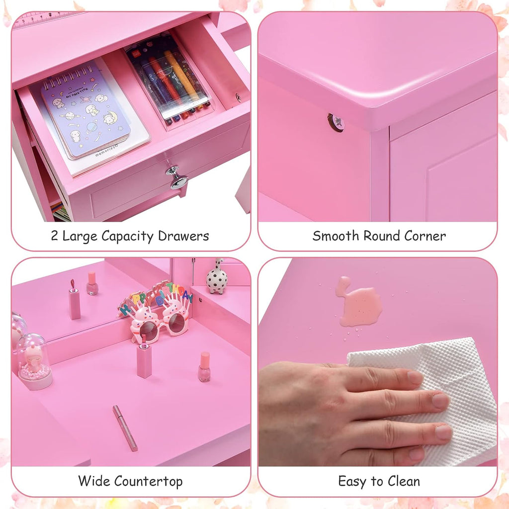 AKUSTIK Kids Vanity, 2 in 1 Wooden Princess Makeup Table and Chair for Toddlers with Tri-Folding Detachable Mirror, Storage Drawers for Little Girls, Pretend Beauty Dressing Desk Play Set Toy Gift
