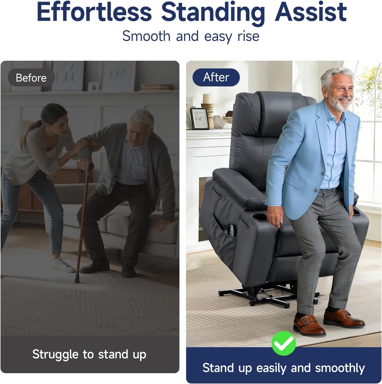 Brage Living Power Lift Recliner Chair for Elderly with Massage & Heat, PU Leather Electric Recliner with 160° Adjustable Recline, Stand Assist, Remote Control, USB Charge Port, Cup Holders (Gray)