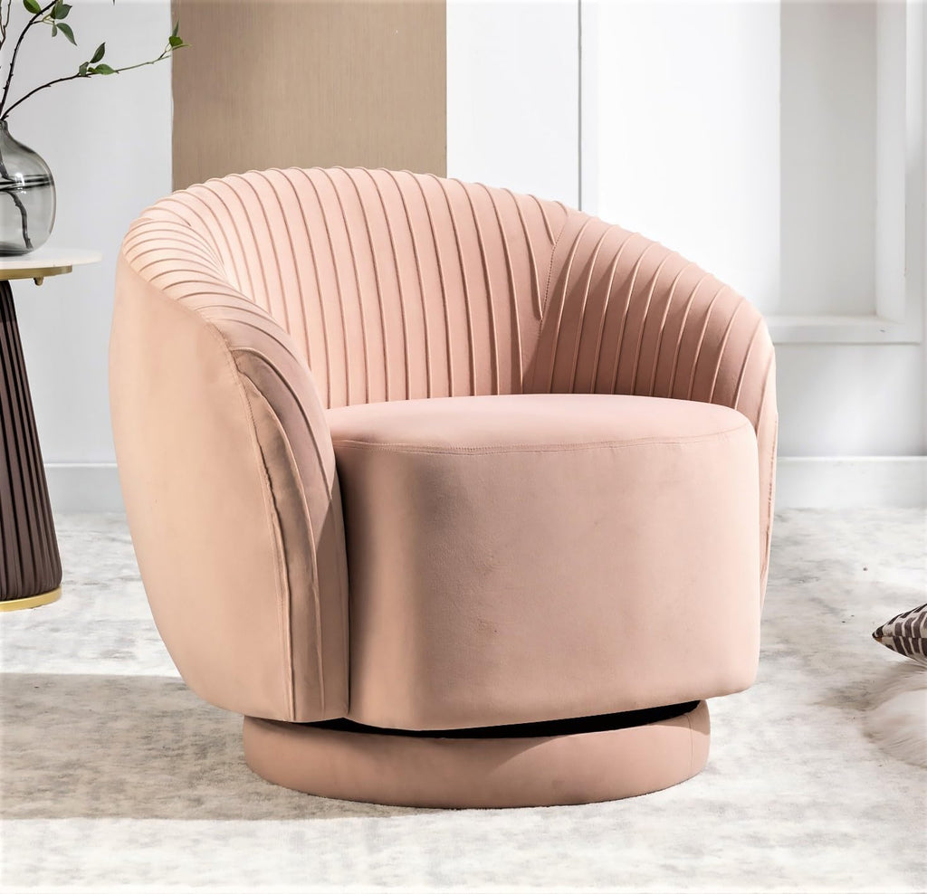 Container Furniture Direct Modern Barrel Swivel Chair with Plush Velvet Upholstery and Smooth 360° Rotation, Round Accent One-Seater Sofa for Living Room, Bedroom, and Office, Pink