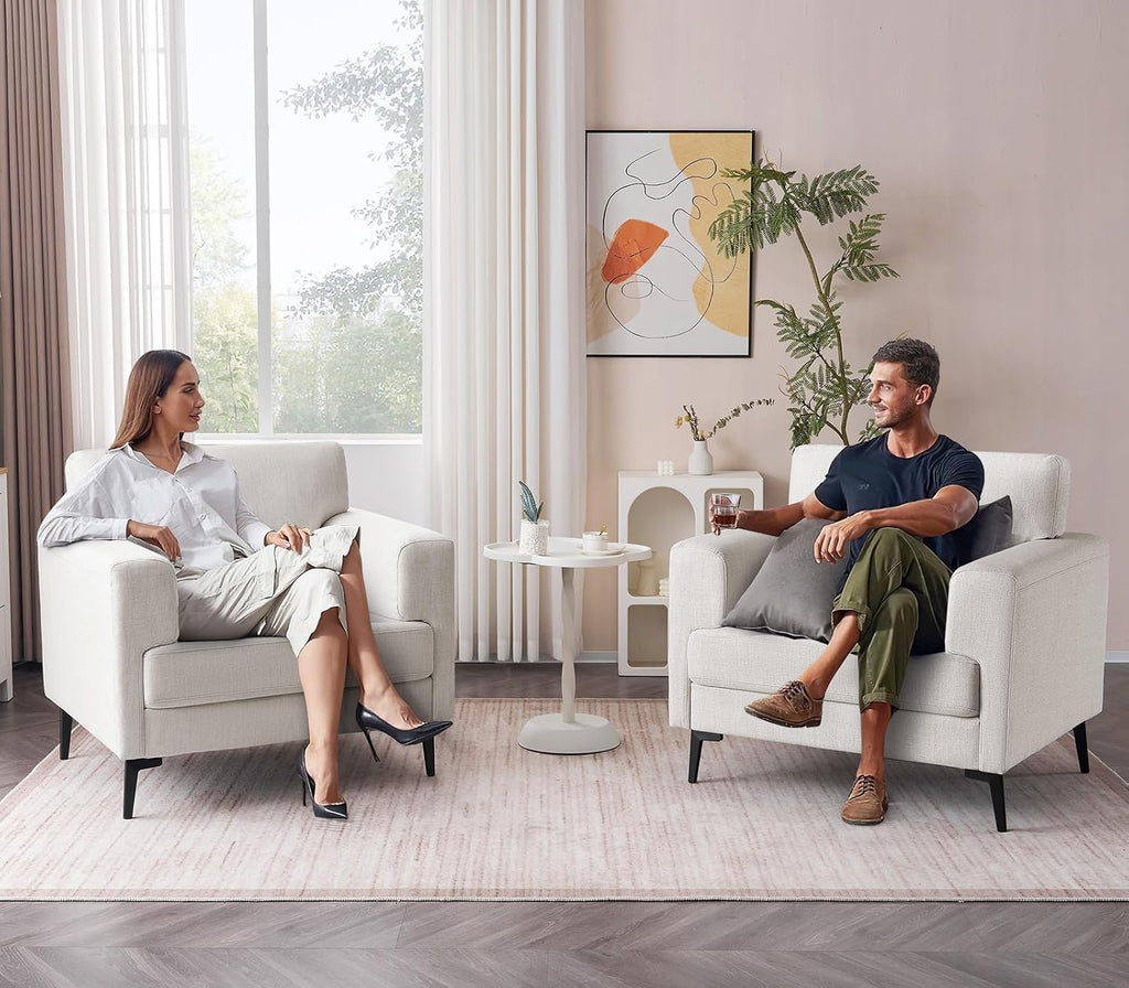 CDCASA Accent Chair, Linen Fabric Oversized Mid Century Modern Chair Set of 2, Comfy Upholstered Armchair Reading Accent Chairs Sofa Chairs for Bedroom Living Room,Beige