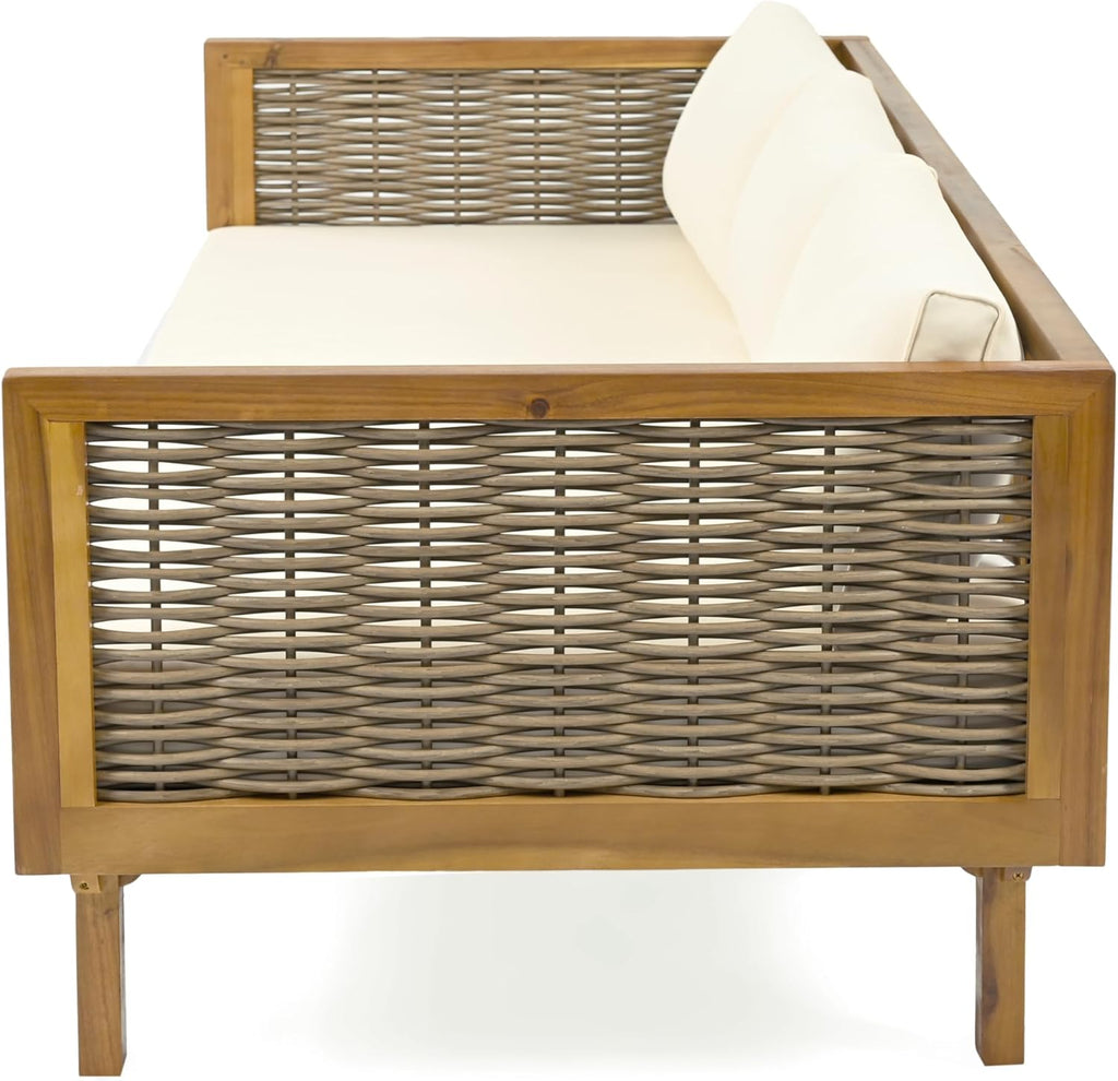 Christopher Knight Home Outdoor 3 Seater Acacia Wood Daybed with Fabric Water Resistant and Removable Cushions, Patio Garden Poolside Sofa with Wicker Armrest and Slat Paneling Back, Teak and Beige