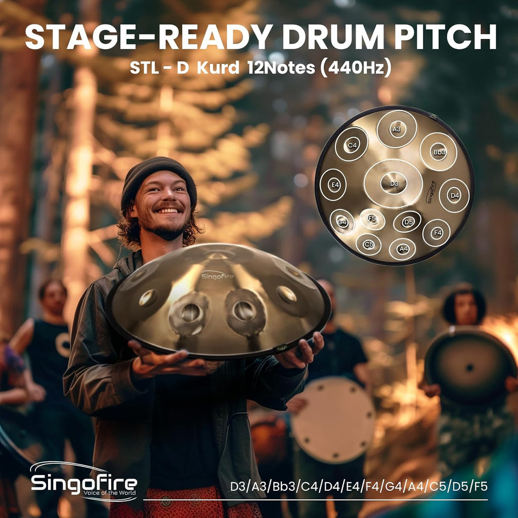 'SINGOFIRE' 12-Notes Handpan Drum, Handpan Drums for Adults, 22-Inch 440Hz D Minor Kurd, HandPan Instrument with Soft Handpan Bag, 2 Mallets, Handpan Stand and Dust-Free Cloth(Gold)