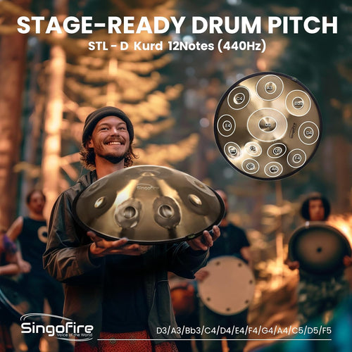 'SINGOFIRE' 12-Notes Handpan Drum, Handpan Drums for Adults, 22-Inch 440Hz D Minor Kurd, HandPan Instrument with Soft Handpan Bag, 2 Mallets, Handpan Stand and Dust-Free Cloth(Gold)