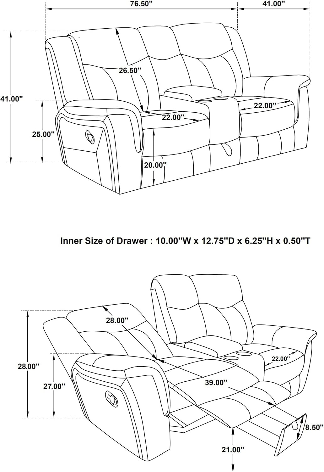 Coaster Home Furnishings - Conrad - Faux Leather Upholstered Padded Arm Glider Loveseat with Cup Holders, USB Port, Storage Drawer, and Power Outlet - Living Room & Home Theater - Gray - 650355