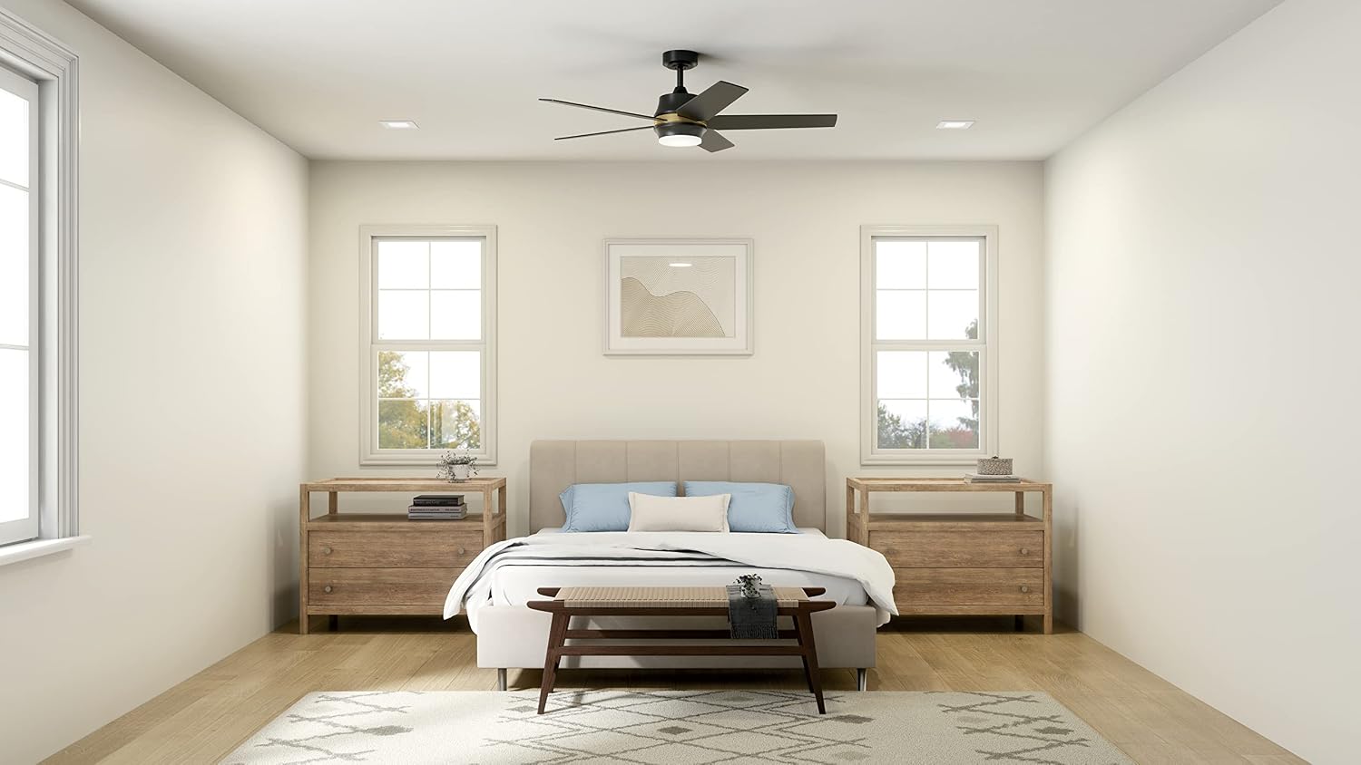 Kichler Maeve 52 in LED Ceiling Fan with Light, Modern Indoor Fan with Satin Etched Cased Opal Glass in Satin Black, Natural Brass Accent Ring, Wall Control, for Bedroom Living Room, 300059SBK