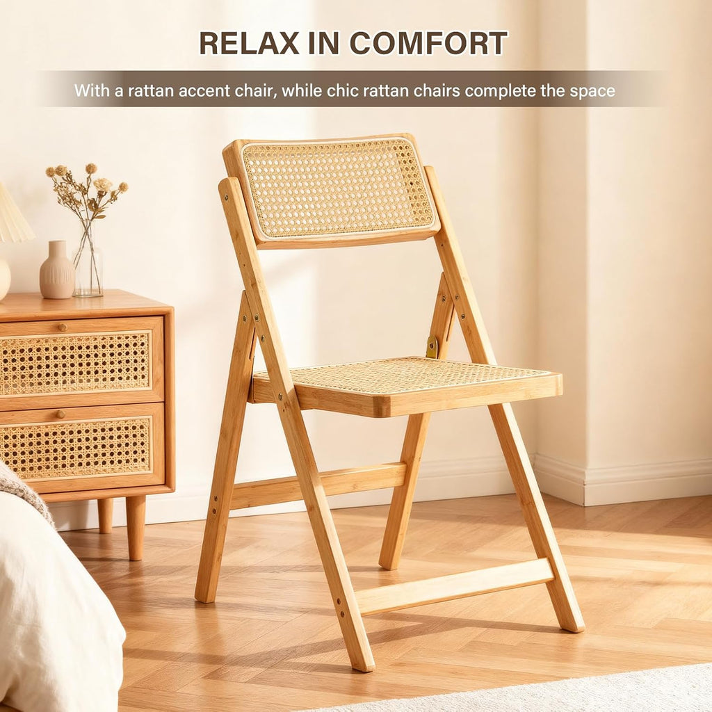 Furlide Rattan Folding Chairs, Modern Mid Century Dining Chairs Set of 2, Outdoor Bamboo Chair for Bedroom Living Room Reading Room Dining Kitchen, Wood