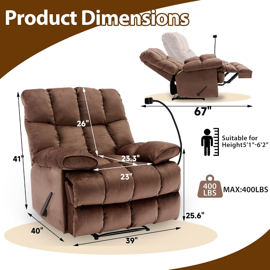 Manual Adjustable Oversized Recliner Chair with Phone Holder, Extra Large Recliner for Heavy Duty Adults 400lbs, Big Man Recliners for Living Room, Nursery, RV