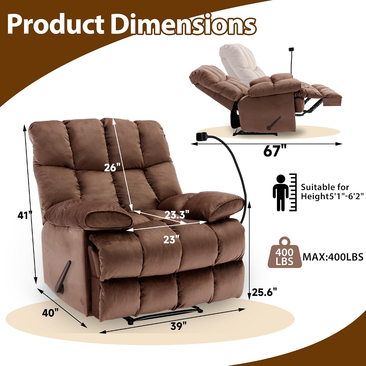 Manual Adjustable Oversized Recliner Chair with Phone Holder, Extra Large Recliner for Heavy Duty Adults 400lbs, Big Man Recliners for Living Room, Nursery, RV