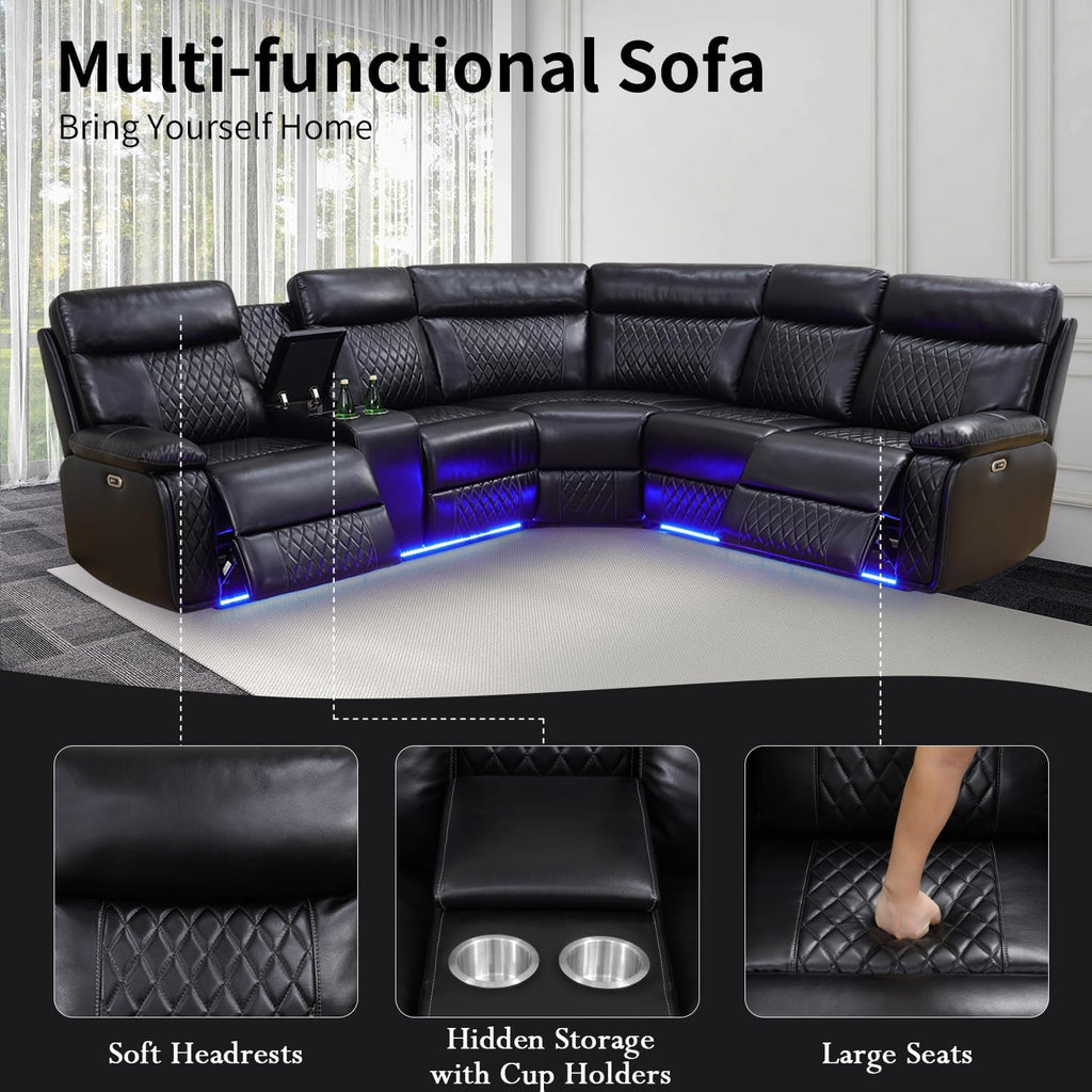 Power Recliner Sofa Sectional Couch with LED Light for Living Room,Leather Reclining Corner Sectional Sofa with 2 Recliner Seats,Cup Holder,Storage Console for House/Home Theater, Black