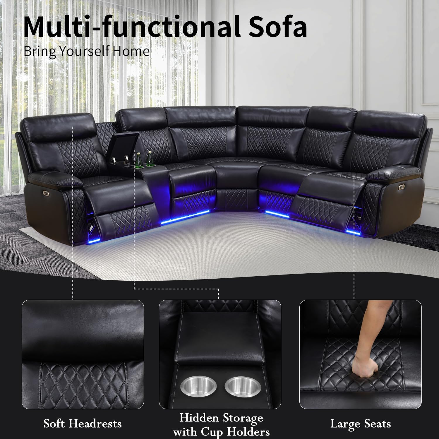 Power Recliner Sofa Sectional Couch with LED Light for Living Room,Leather Reclining Corner Sectional Sofa with 2 Recliner Seats,Cup Holder,Storage Console for House/Home Theater, Black