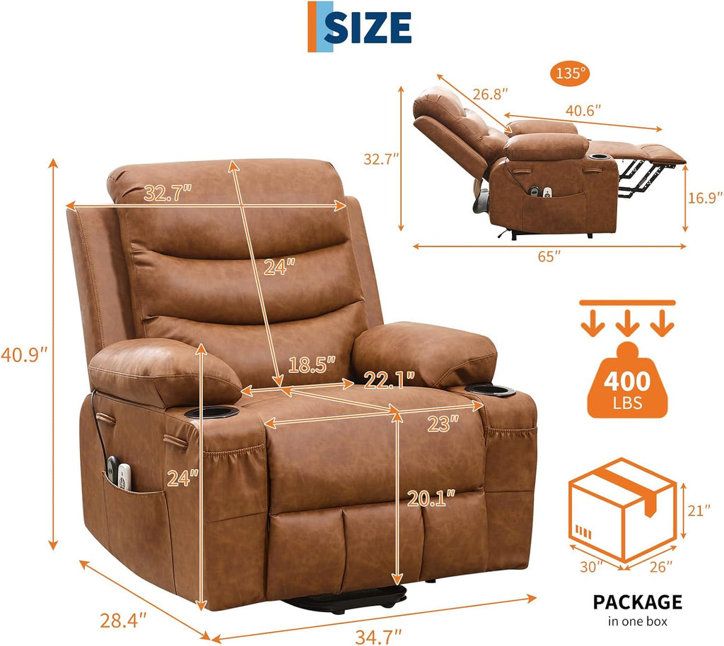 GarveeHome Power Lift Recliner Chair for Elderly, Oversized Electric Lift Chair with Heat and Massage, PU Leather Adjustable Recliner with Cup Holders & Side Pocket for Living Room, Brown