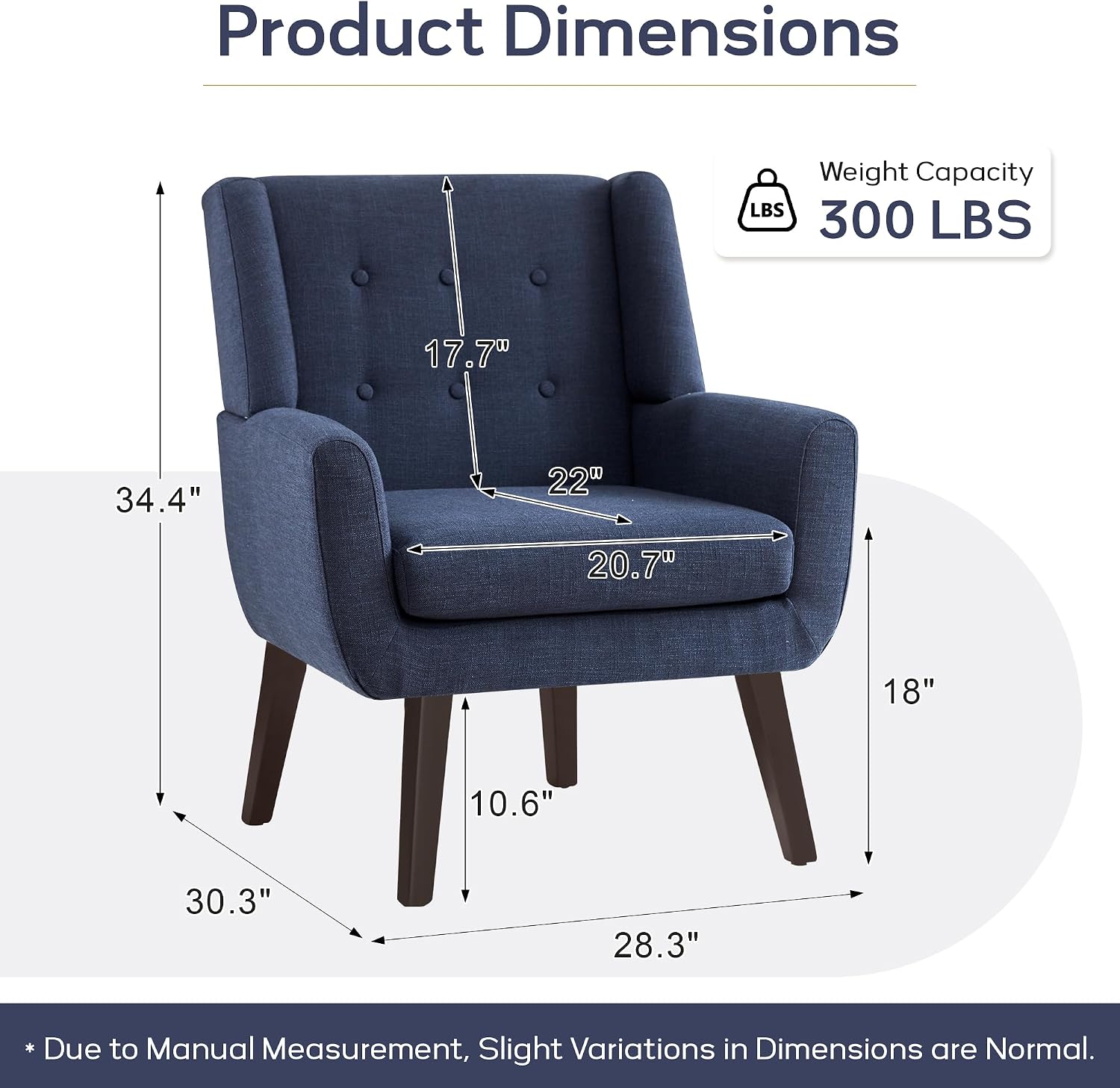 HUIMO Accent Chair Living Room Chair, Upholstered Button Tufted Armchair, Linen Fabric Sofa Chairs for Bedroom, Living Room, Mid Century Modern Comfy Reading Chair (Dark Blue)