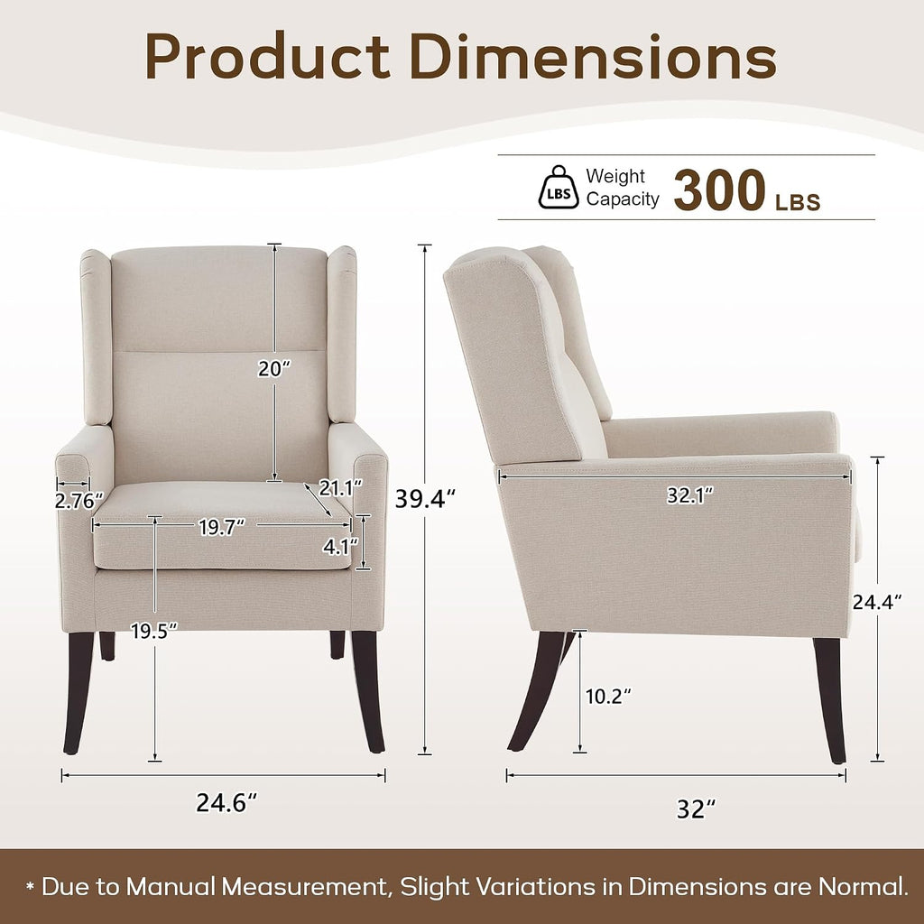 Zihanhome High Back Living Room Chairs, Fabric Accent Chair, Comfy Upholstered Armchair with Wooden Legs for Living Room, Bedroom, Apartment (1, Beige)