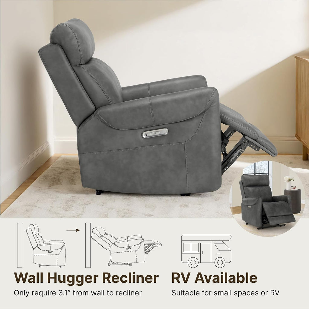 KISLOT Wall Hugger Recliner Chair for Adults, Faux Leather RV Recliner with USB Charging Ports Electric Power Reclining Sofa for Living Room Home Theater Seating Bedroom