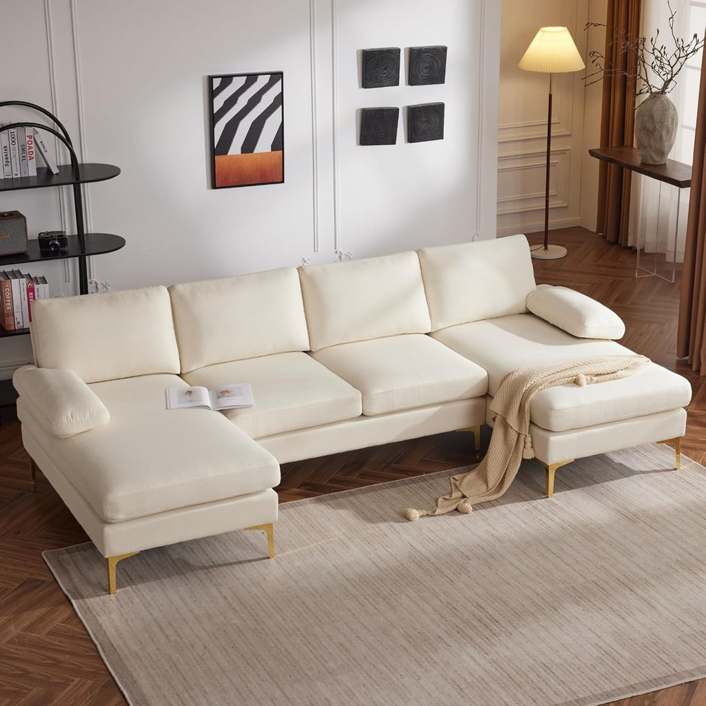 Karl home Convertible Sectional Sofa 110' U-Shape Sofa Couch 4-Seat Couch with Chaise Fabric Upholstered for Living Room, Apartment, Office, Beige