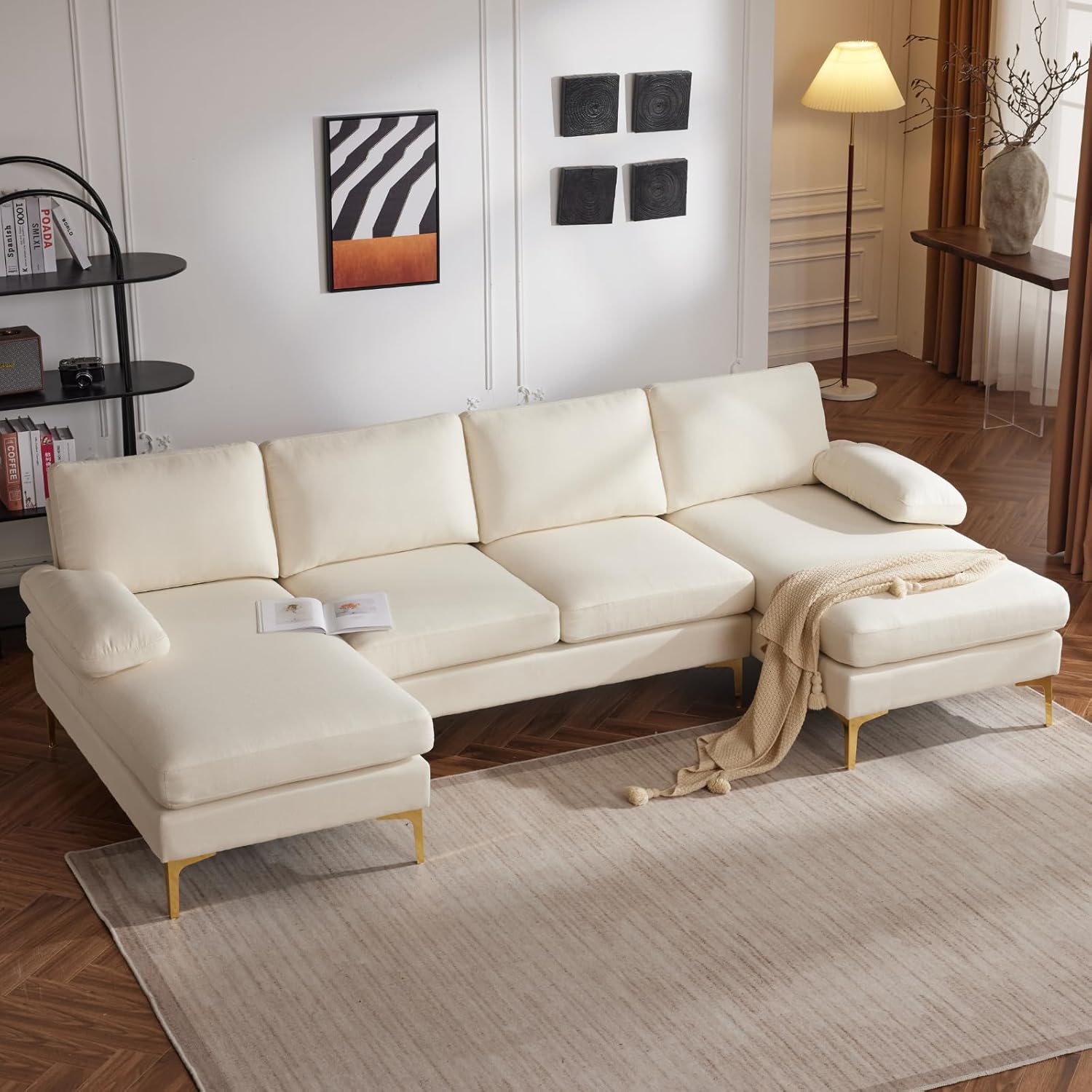 Karl home Convertible Sectional Sofa 110' U-Shape Sofa Couch 4-Seat Couch with Chaise Fabric Upholstered for Living Room, Apartment, Office, Beige